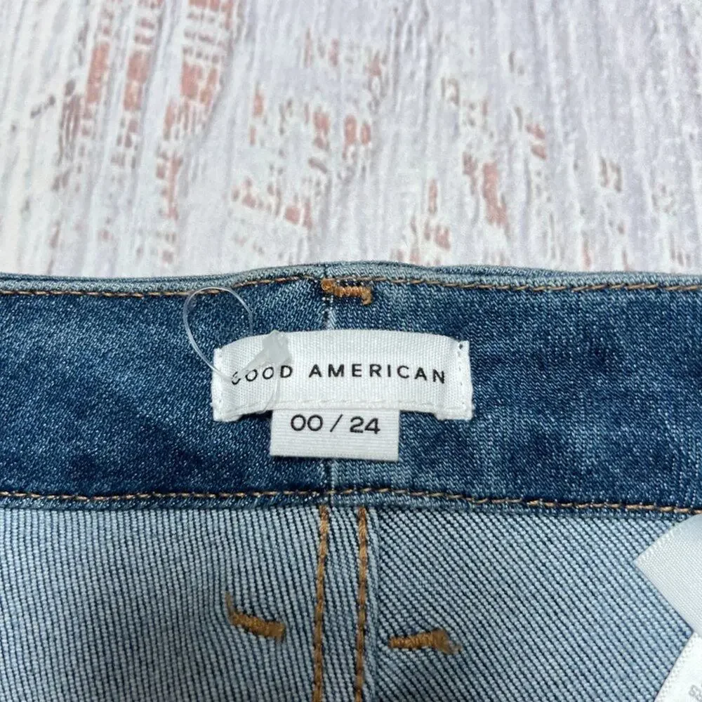 Good American Good Legs Stovepipe High Rise Jeans SIZE 00 24x28 Blue Distressed - Picture 5 of 12